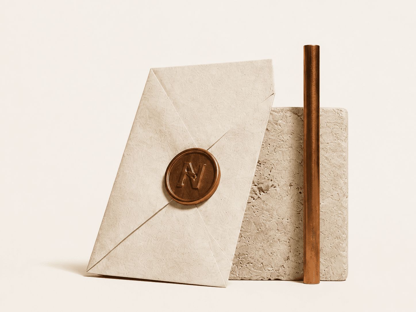 A tactile ivory envelope, copper seal, stone ledger, and copper rail representing an AI agent's place on the internet.