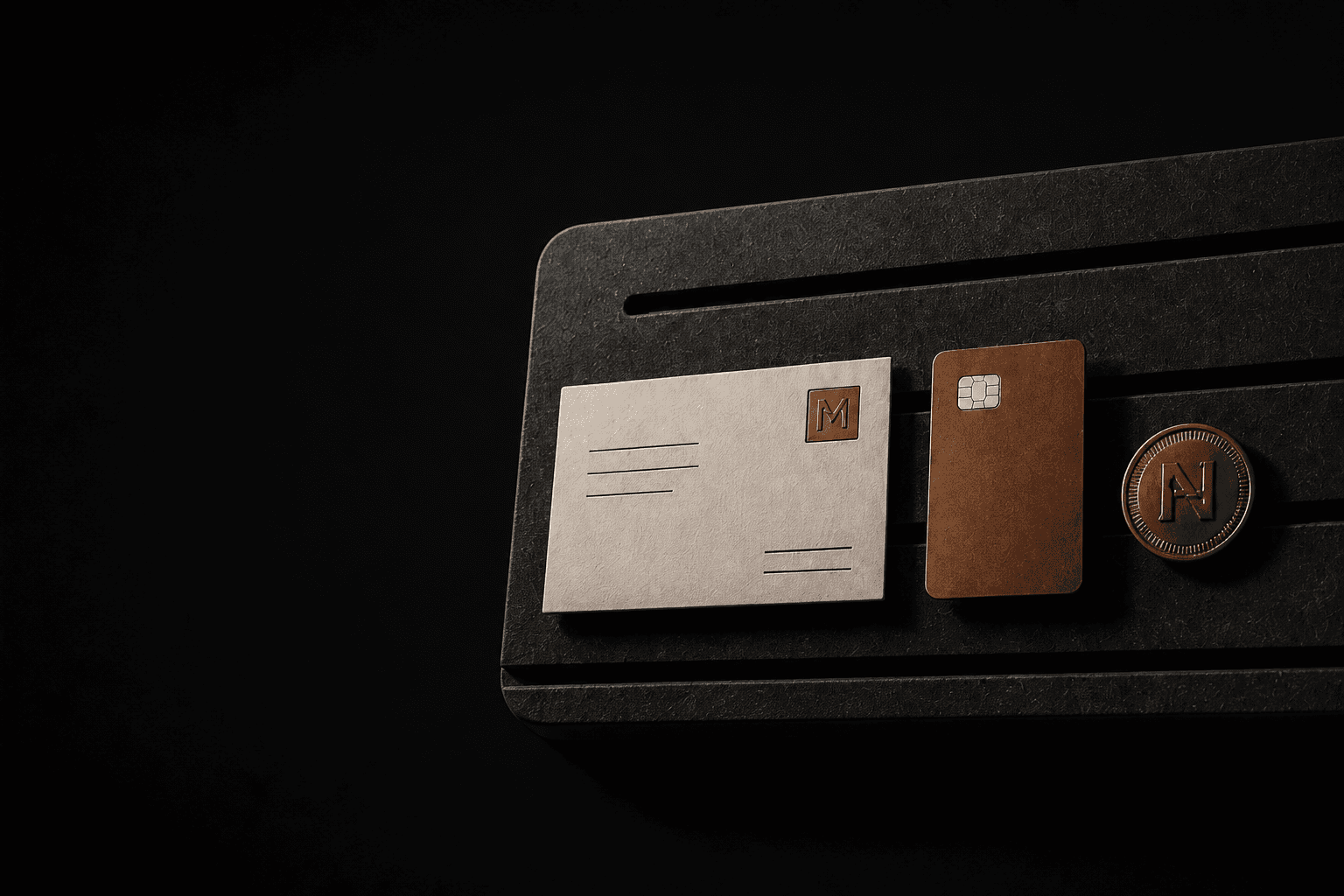 A dark tactile communications kit with an inbox card, payment card, and Nudgen token.