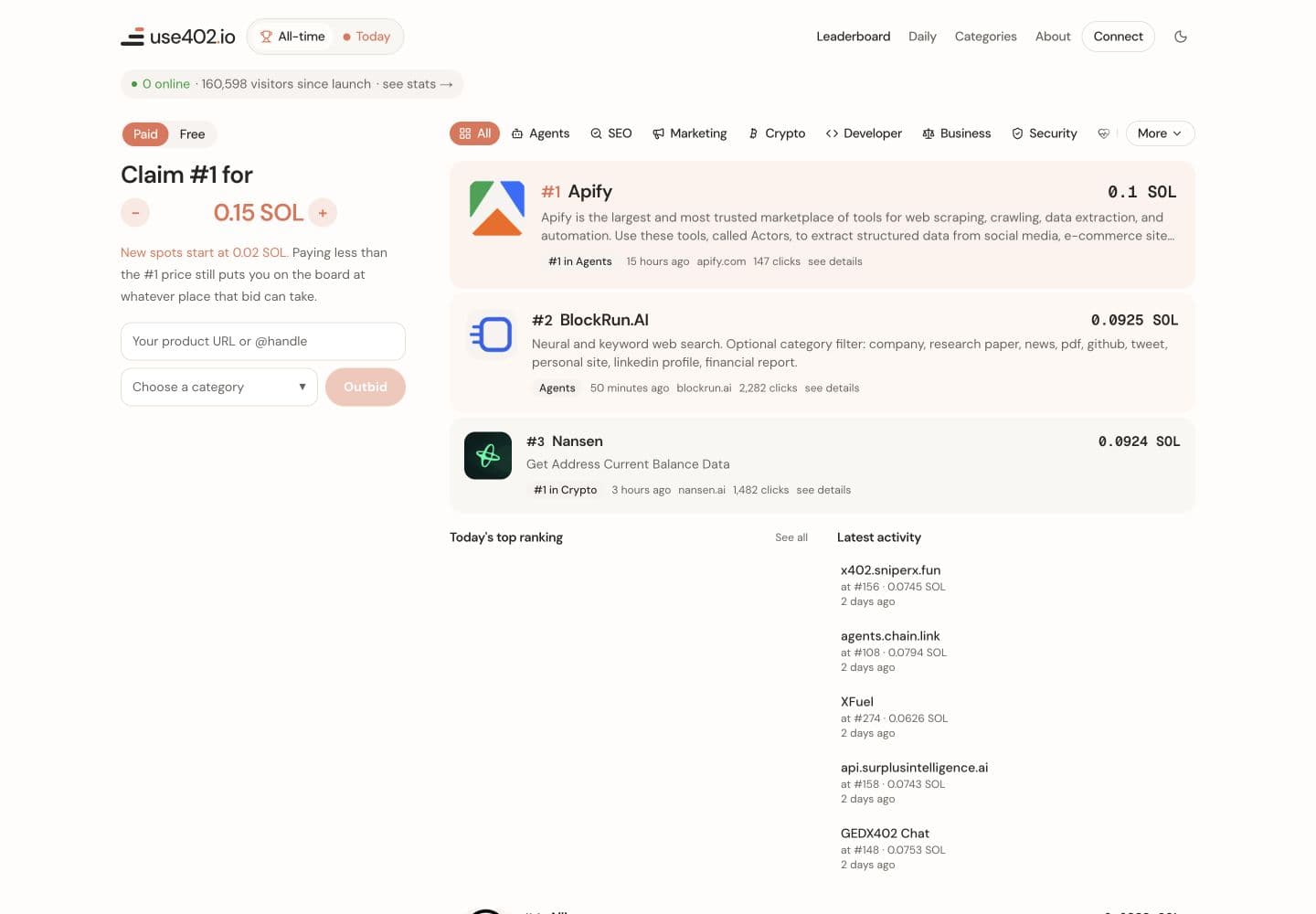The live use402.io leaderboard showing ranked x402 products, bids in SOL, categories, and recent activity.